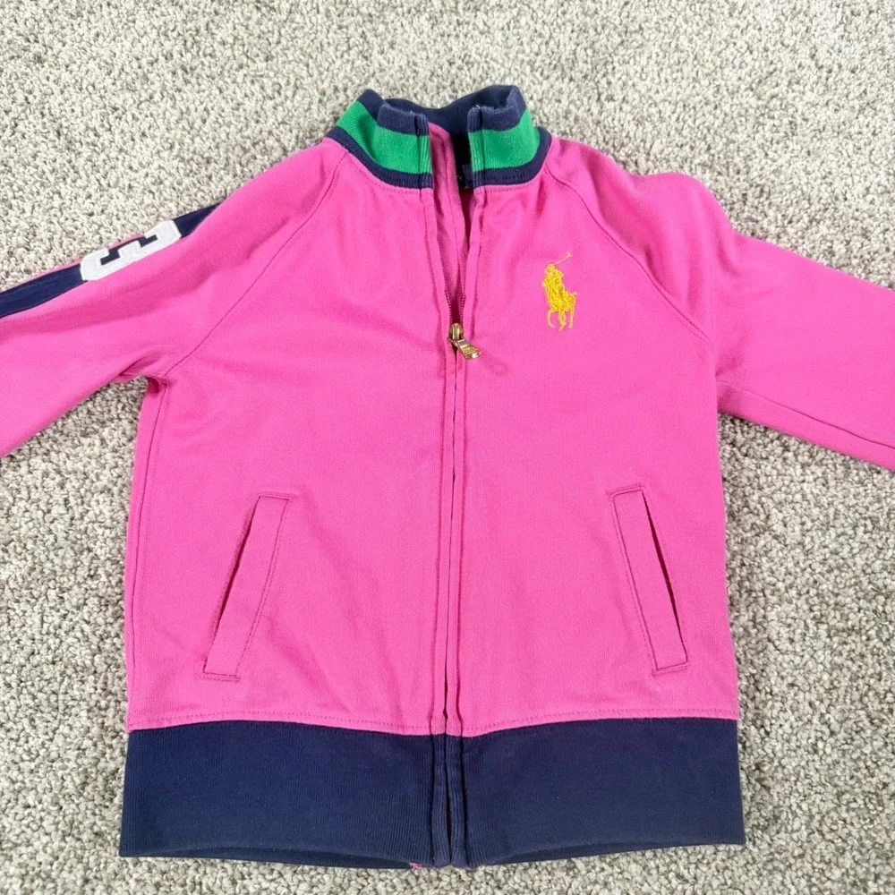 Ralph Lauren Girls Pink Navy Tracksuit Set Jacket Flare Pants 4 4T Sporty Preppy